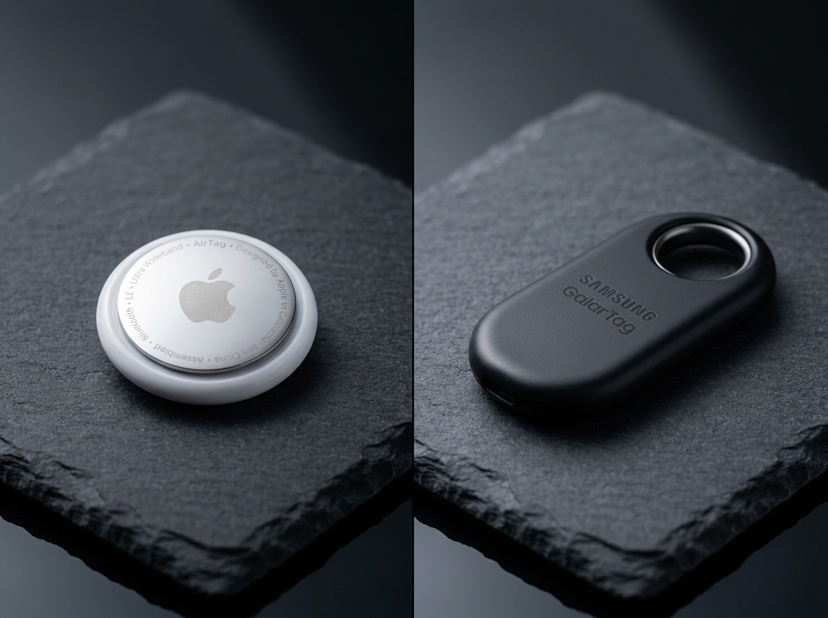 Apple AirTag compared side-by-side with Samsung Galaxy SmartTag2 on dark slate