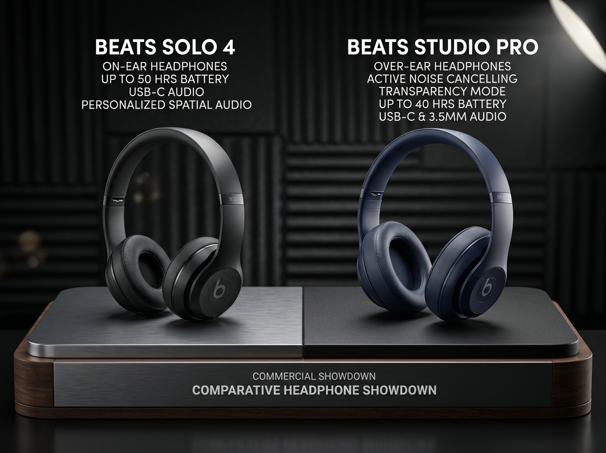 Side-by-side comparison of Beats Solo 4 on-ear and Beats Studio Pro over-ear headphones
