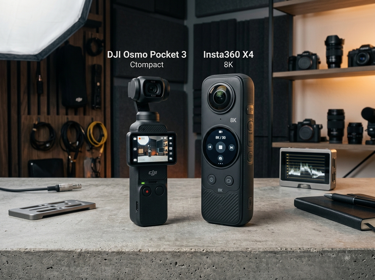 DJI Osmo Pocket 3 and Insta360 X4 side by side on a creator studio desk