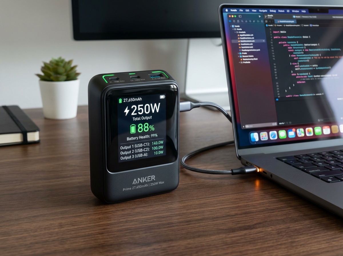 Anker Prime 27,650mAh 250W Power Bank with digital display charging a laptop on a wooden desk
