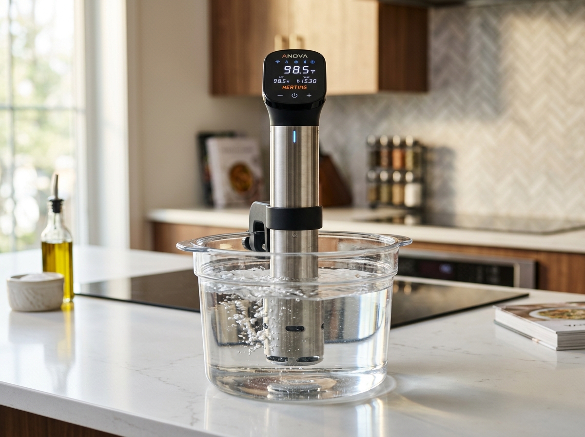 Anova Precision Cooker 3.0 sous vide immersion circulator in a clear water bath container on a kitchen countertop