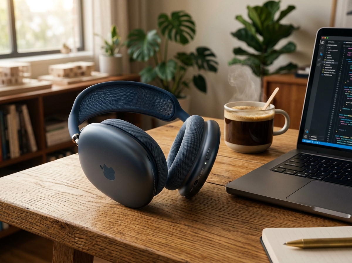 Apple AirPods Max USB-C over-ear headphones in Midnight color resting on wooden desk beside modern laptop and coffee cup
