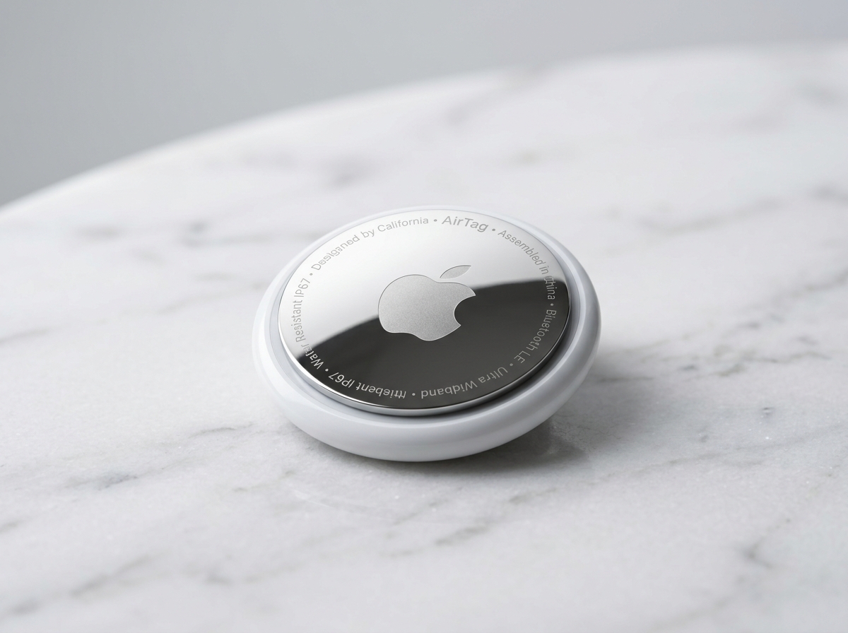 Apple AirTag 2nd Generation smart tracker resting on a white surface