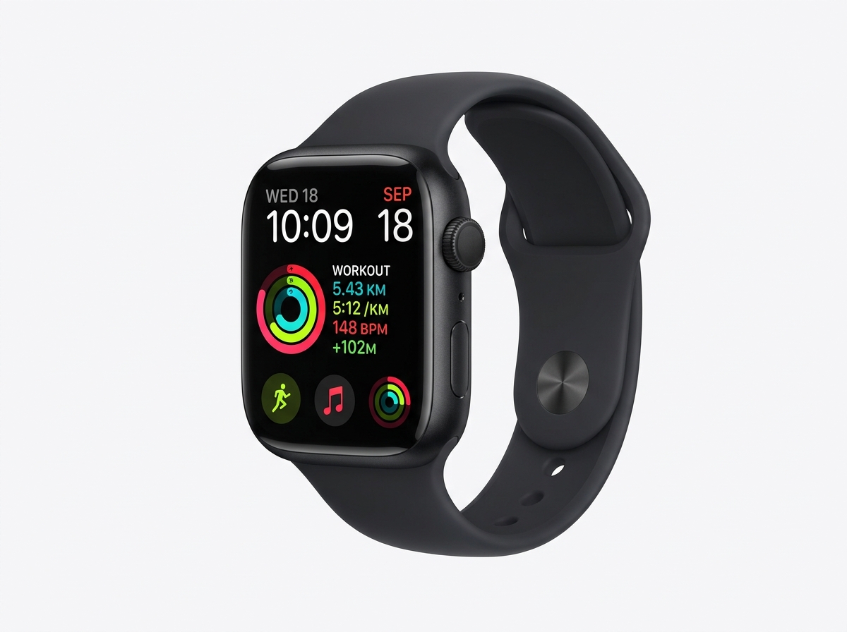 Apple Watch Series 10 smartwatch with black sport band displaying fitness tracking metrics