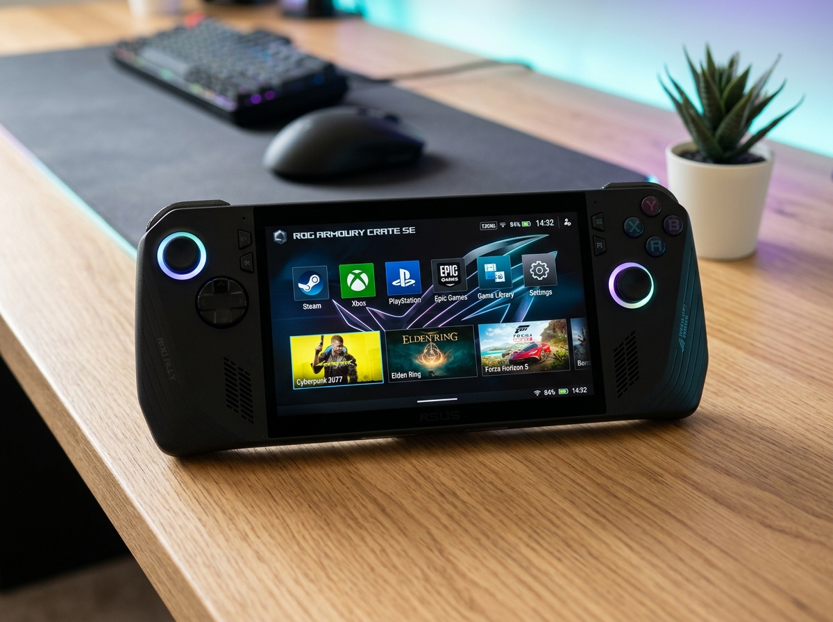 ASUS ROG Ally X handheld gaming console on a modern wooden desk