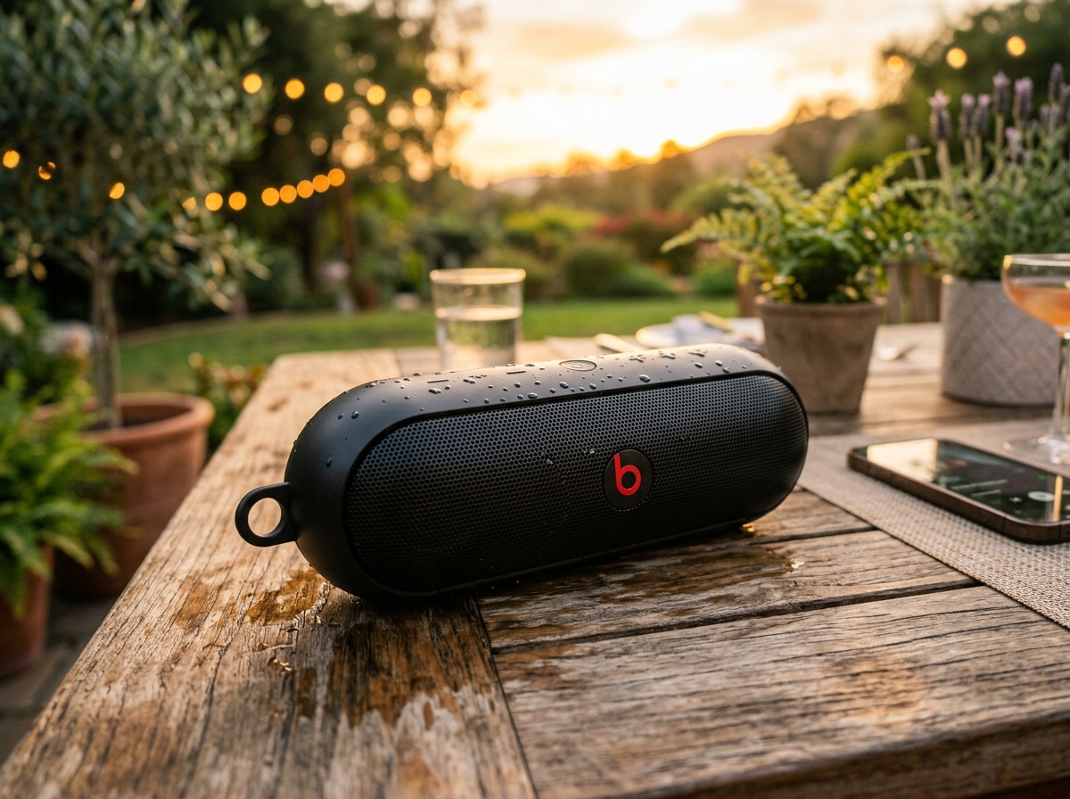 Beats Pill portable Bluetooth speaker on outdoor wooden table in sunlight
