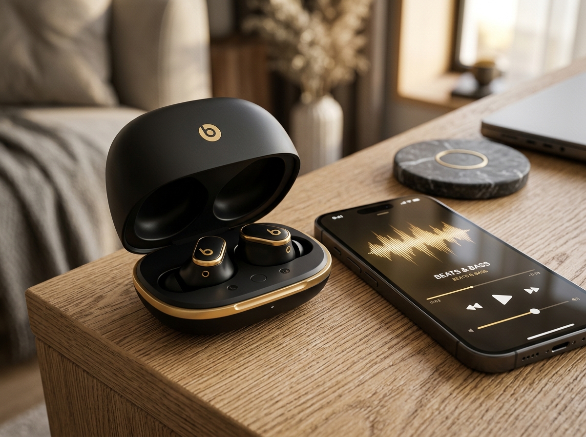 Beats Studio Buds + charging case open on wooden desk with earbuds resting beside modern smartphone