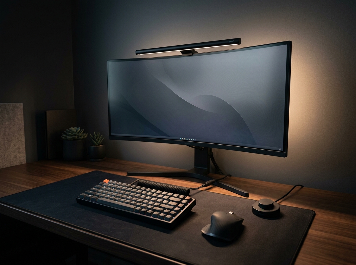 BenQ ScreenBar Halo 2 LED monitor light bar mounted on curved display with glowing ambient backlight and wireless controller