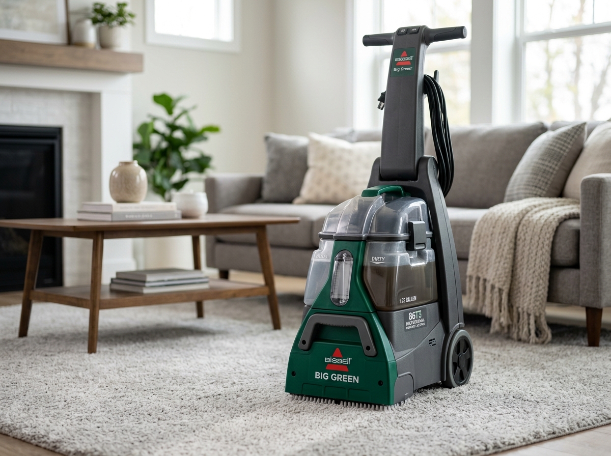 BISSELL Big Green 86T3 commercial style carpet cleaner on a modern living room rug