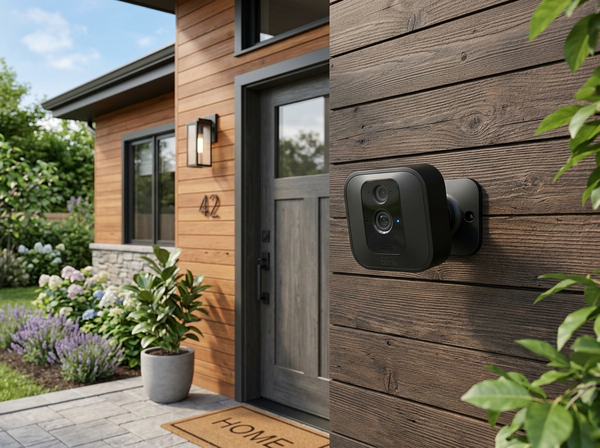 Blink Outdoor 4 wireless security camera mounted outside a home