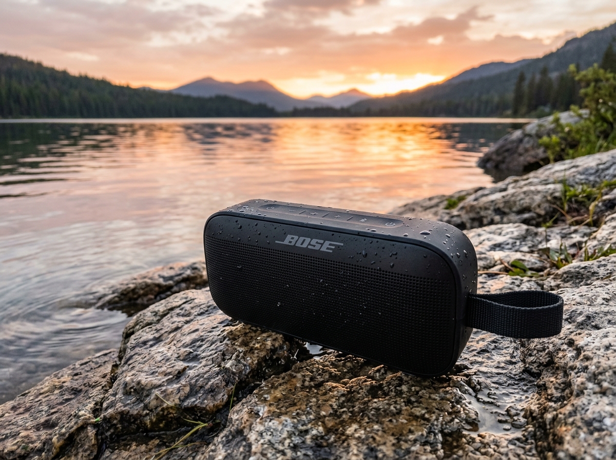 Bose SoundLink Flex 2nd Gen portable speaker in black chassis on coastal rocks