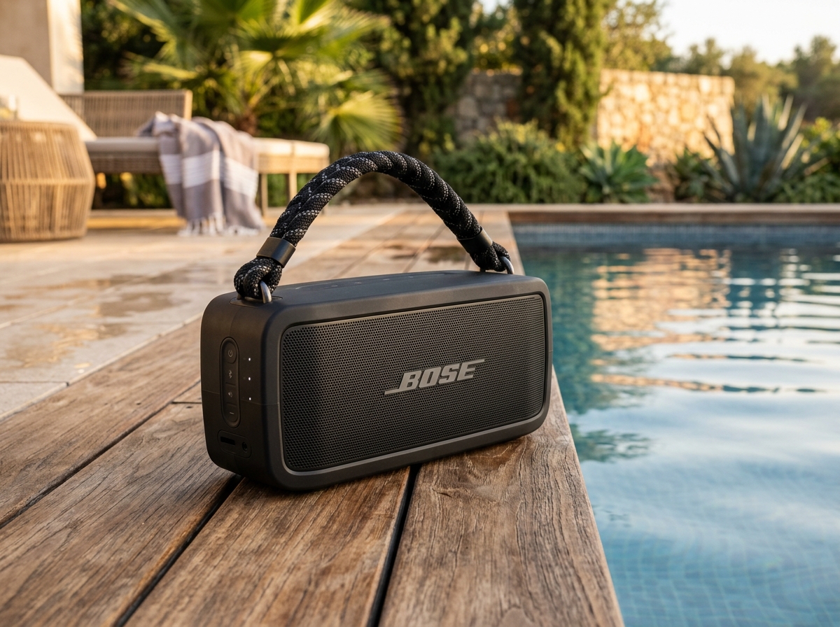 Bose SoundLink Max rugged black Bluetooth party speaker resting on wooden deck beside luxury swimming pool
