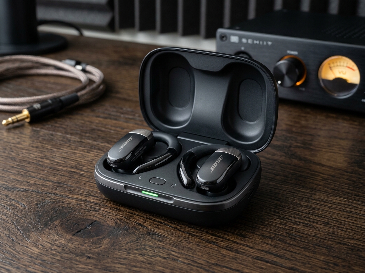 Bose Ultra Open Earbuds resting beside eyeglasses on a modern wooden desk