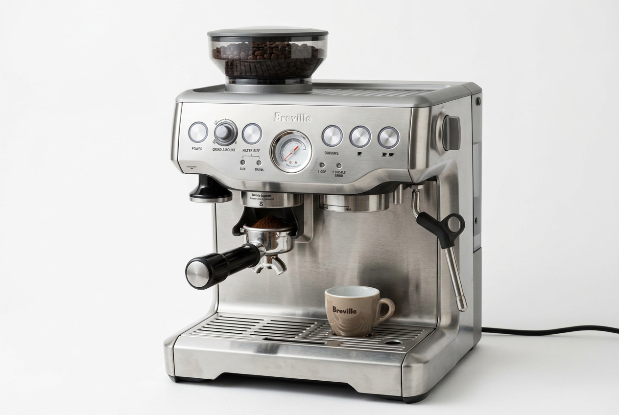 Breville espresso machine pulling a rich golden crema espresso shot