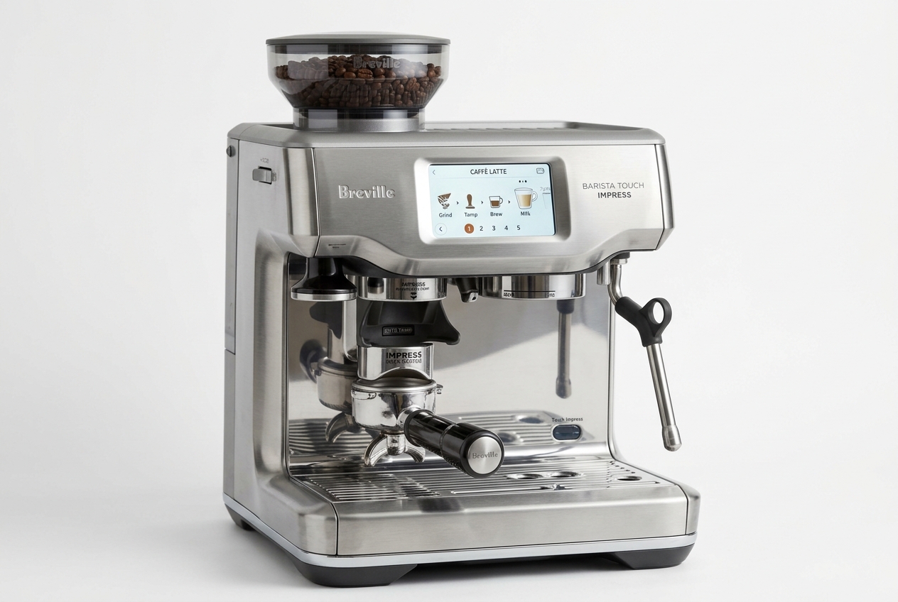 Breville Barista Touch Impress pouring golden crema espresso shot from stainless portafilter