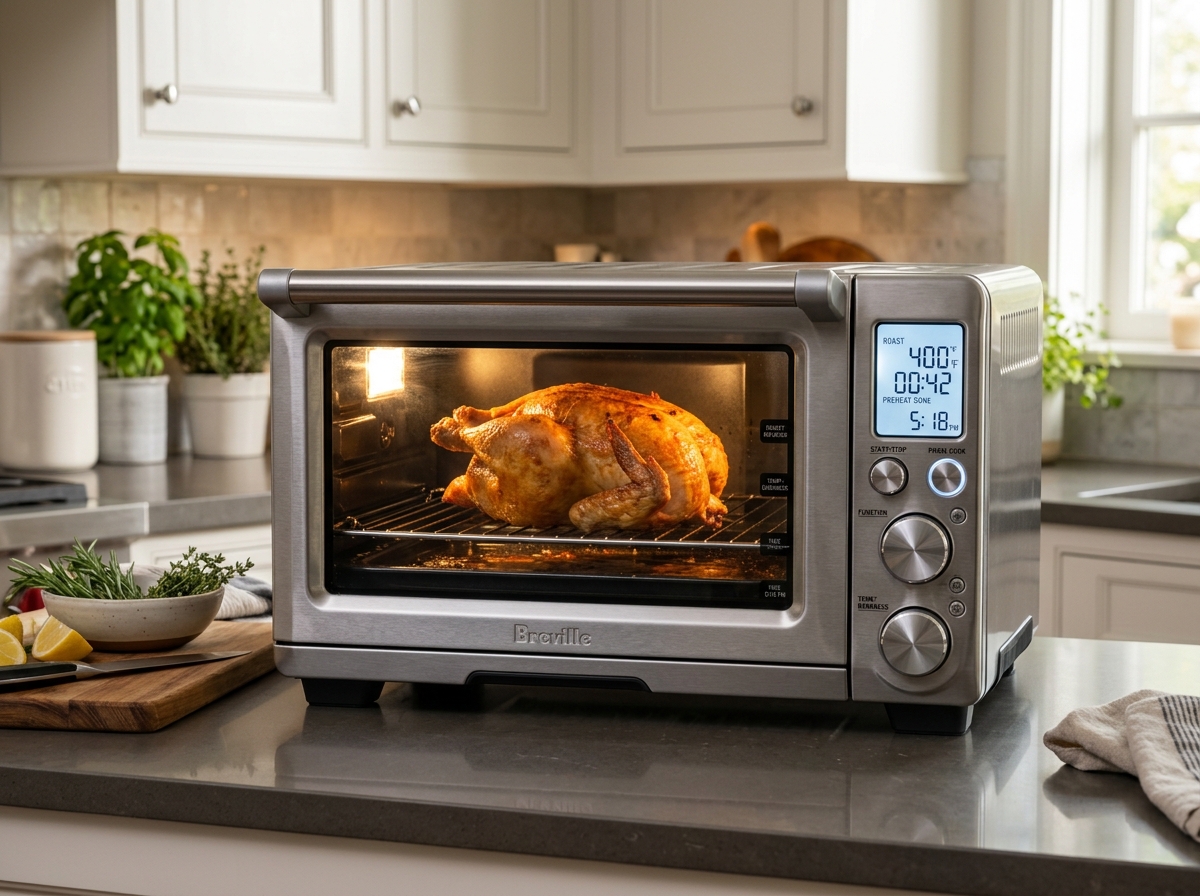 Breville BOV900BSS Smart Oven Air Fryer Pro on a kitchen counter with roasted chicken inside