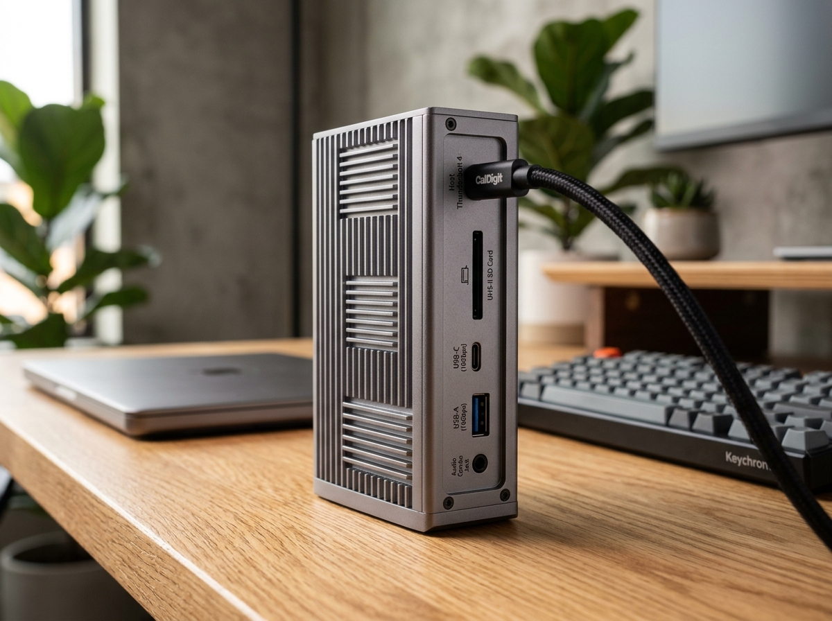 CalDigit TS4 18-Port Thunderbolt 4 Dock in ribbed space gray aluminum housing standing on creative workstation