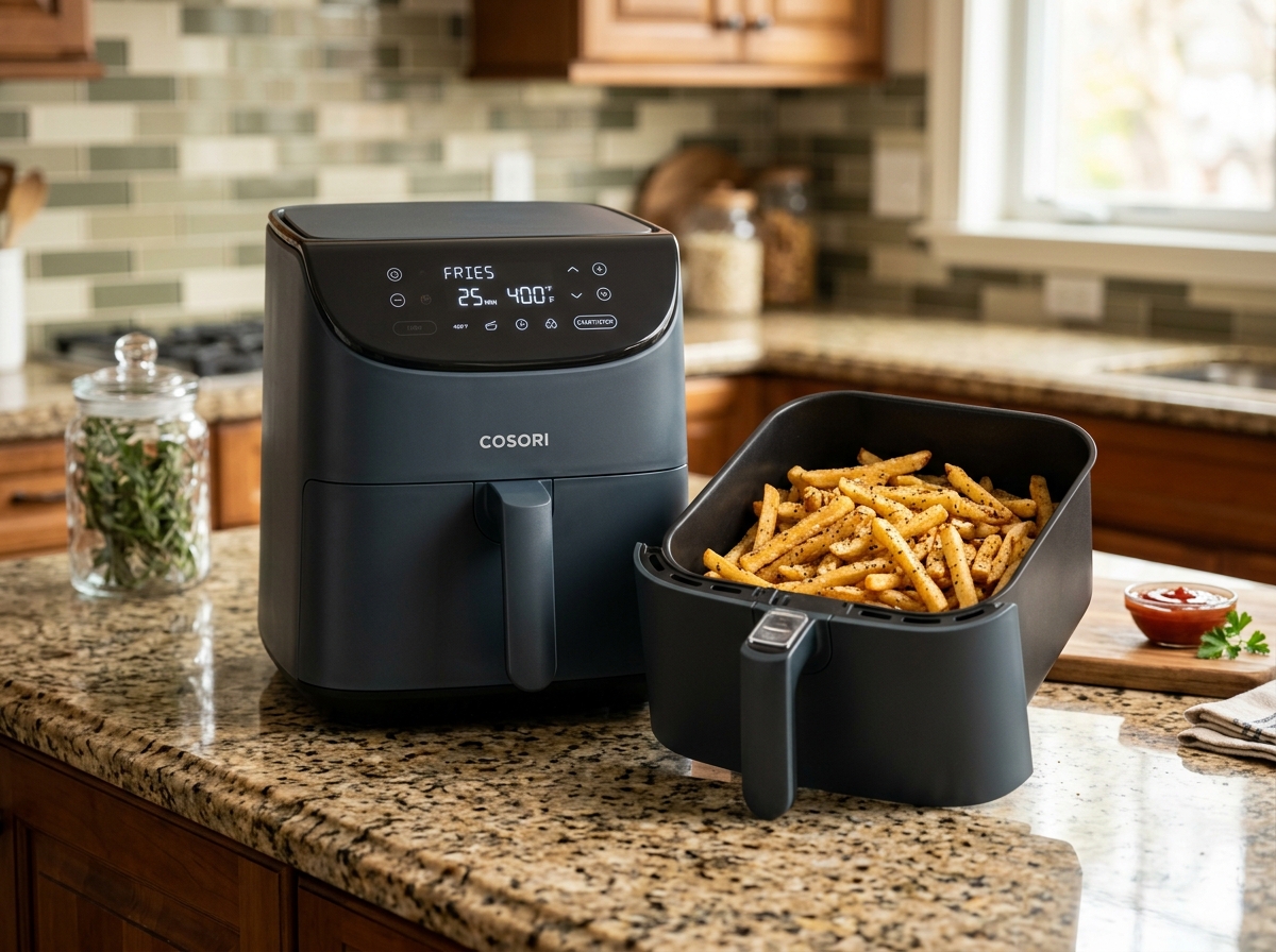 Cosori Air Fryer Pro LE 5-Qt in dark slate grey with digital top glass display and golden french fries