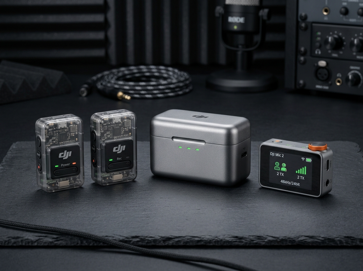 DJI Mic 2 wireless microphone transmitters and receiver with metal charging case on a creator desk