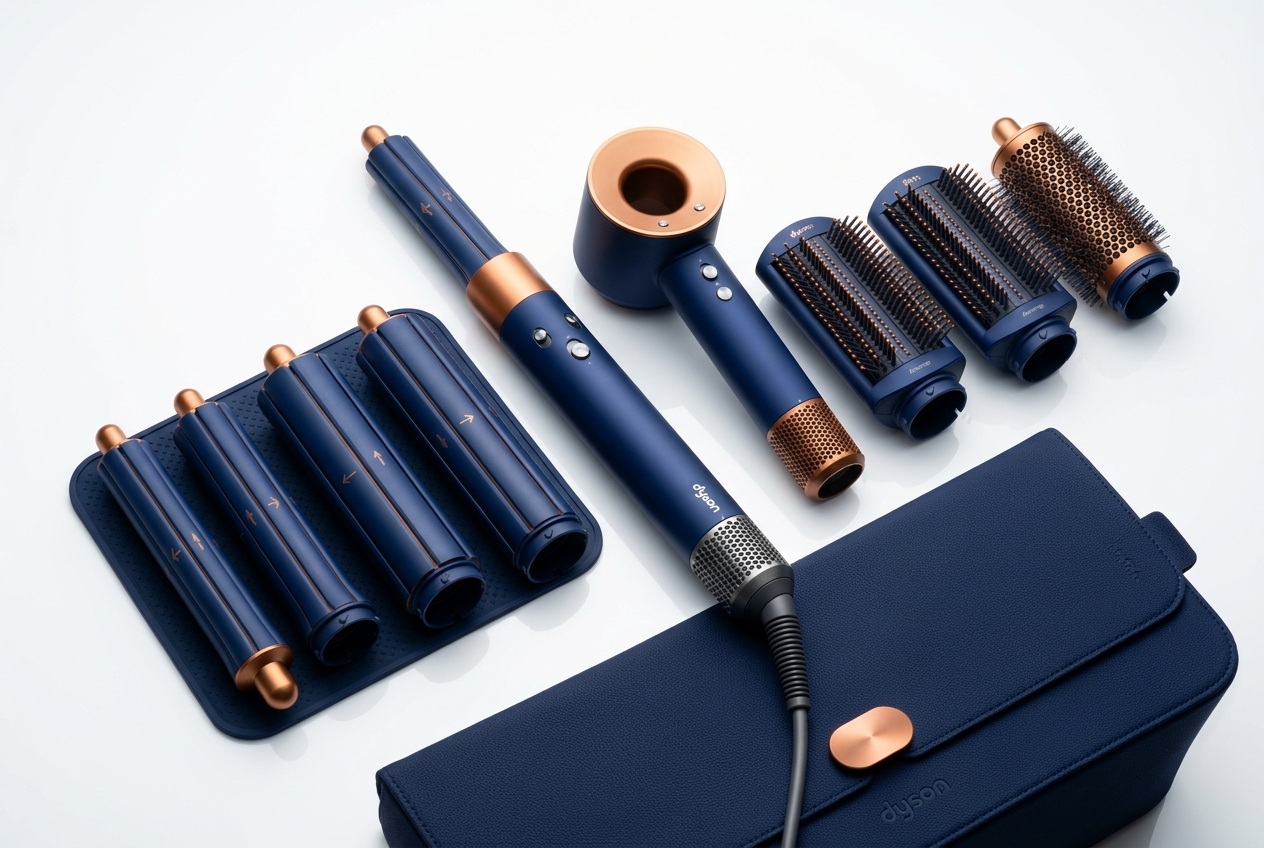 Professional hair styling tools and accessories laid out on luxury vanity