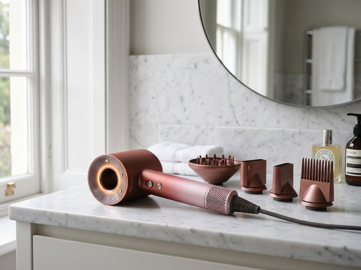 Dyson Supersonic Nural hair dryer in Strawberry Bronze finish displayed on luxury white marble bathroom vanity with styling nozzles