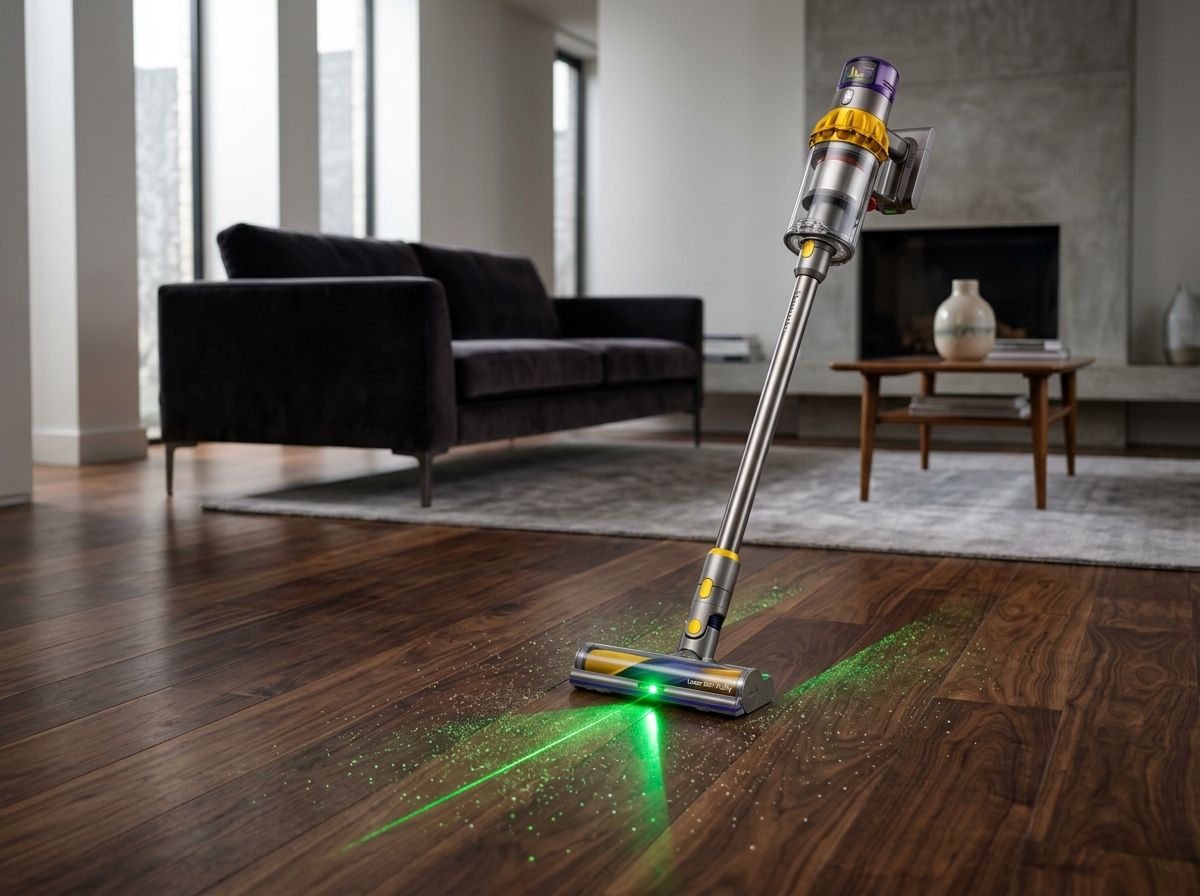 Dyson V15 Detect cordless vacuum cleaner on hardwood floor with green laser beam illuminated