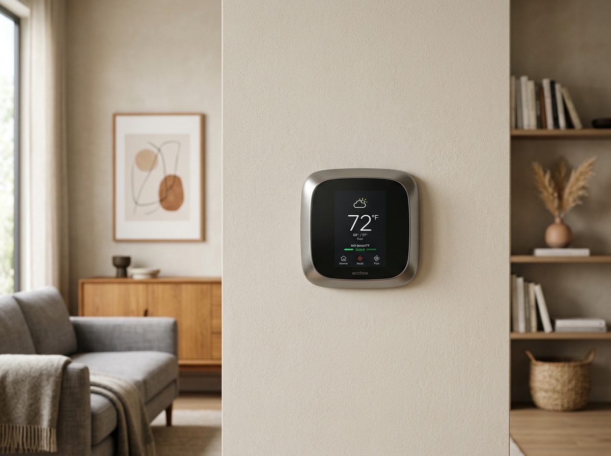 ecobee Smart Thermostat Premium mounted on living room wall