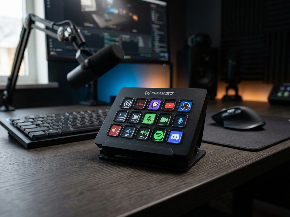 Elgato Stream Deck MK.2 sitting on dark desk with glowing LCD icon keys