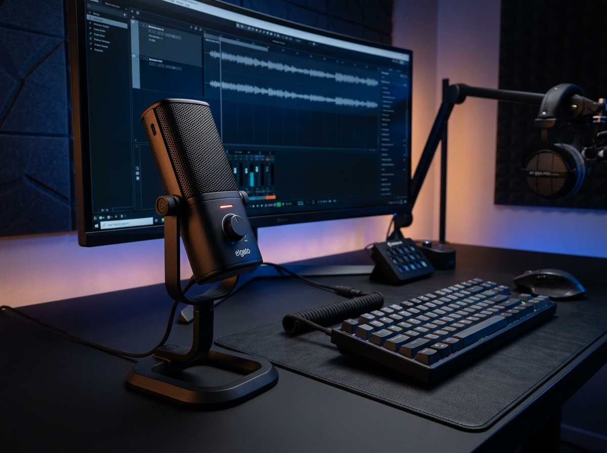 Elgato Wave:3 USB Condenser Microphone on a modern creator workstation desk