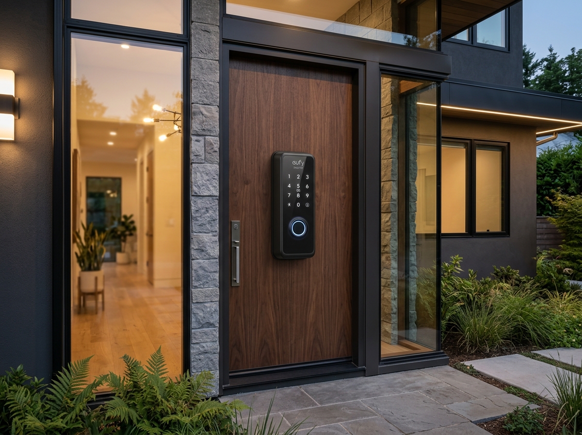 eufy Security Smart Lock C220 installed on modern front door with glowing fingerprint reader