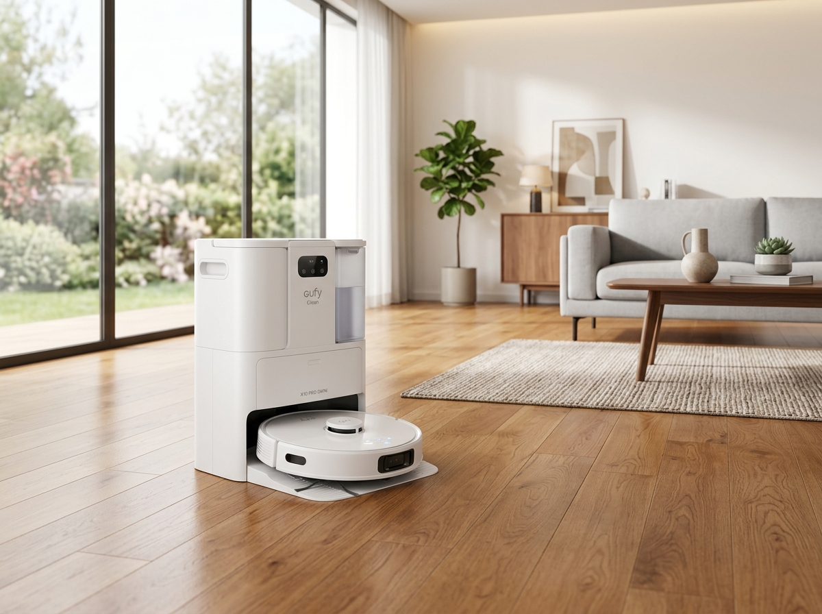 eufy X10 Pro Omni white robot vacuum and mop docked at its self-emptying station on hardwood living room floor