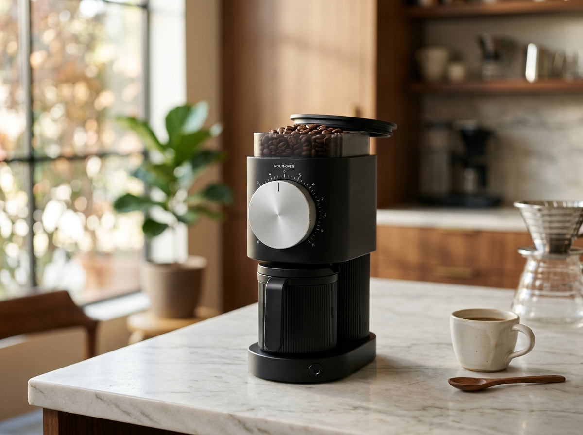 Fellow Ode Gen 2 Electric Flat Burr Coffee Grinder in Matte Black on marble kitchen counter