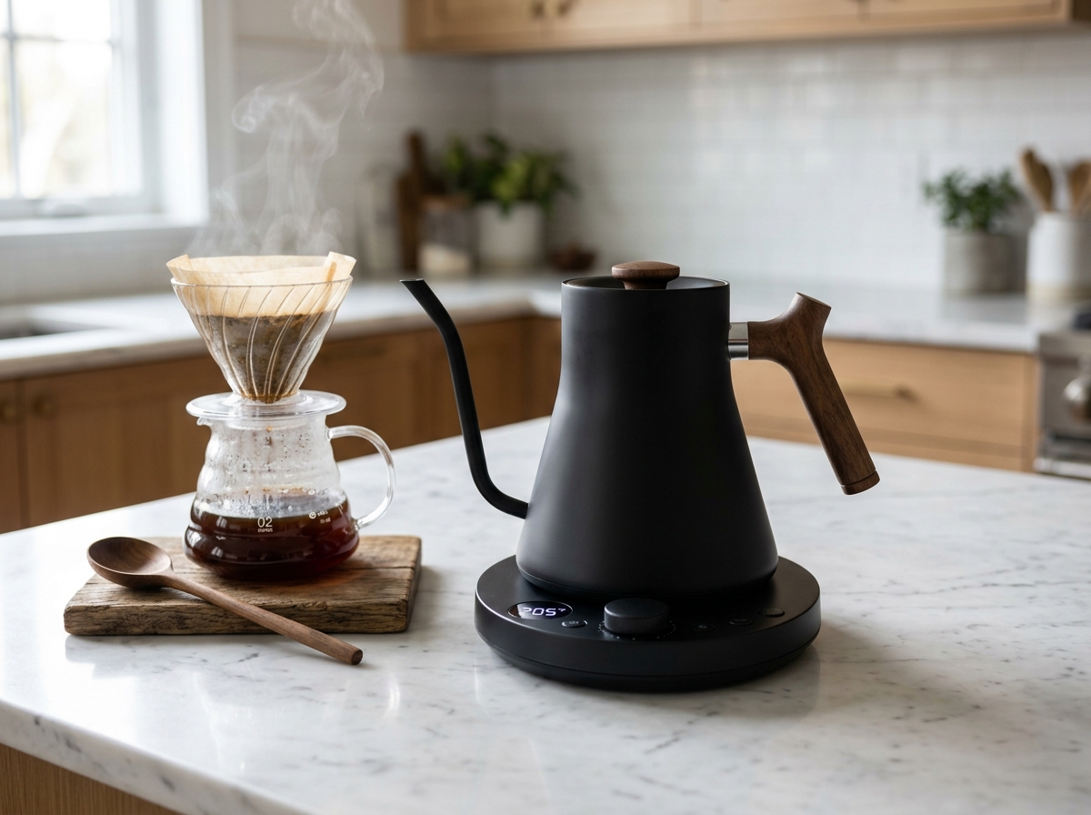 Fellow Stagg EKG Pro Matte Black gooseneck electric kettle with walnut handle pouring water