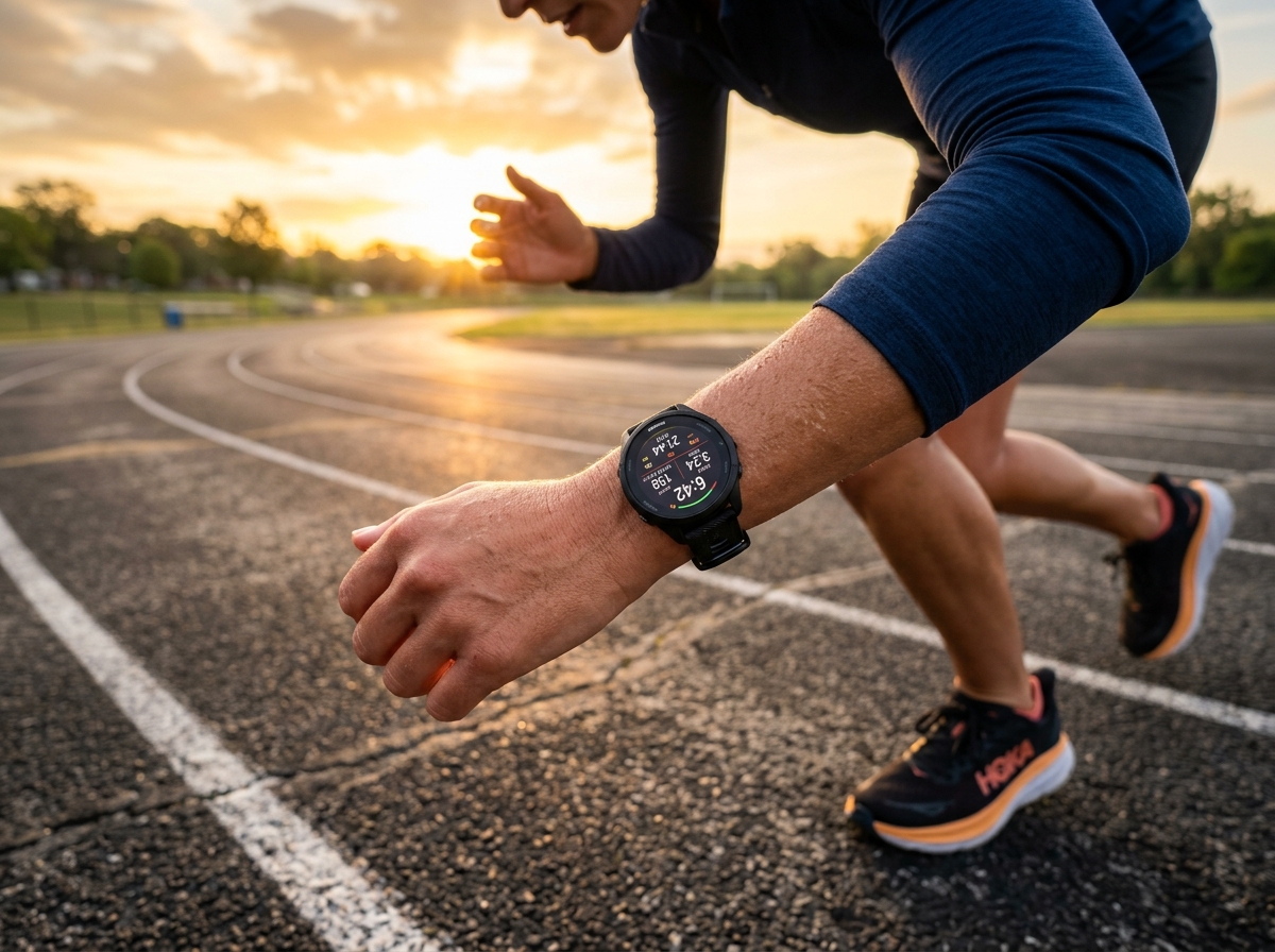 Garmin Forerunner 165 running smartwatch with AMOLED display on athletic runner wrist