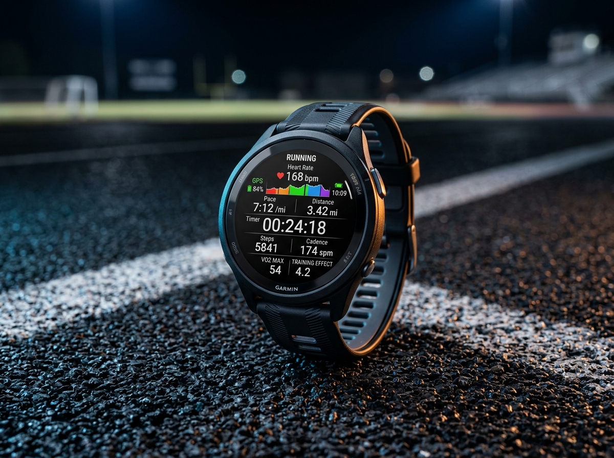 Garmin Forerunner 265 GPS Smartwatch on a runner wrist outdoors