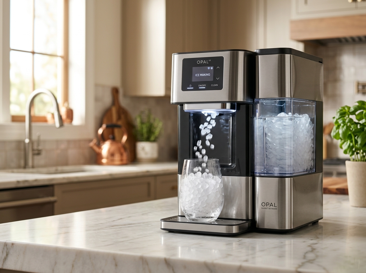 GE Profile Opal 2.0 Nugget Ice Maker on a modern marble kitchen countertop