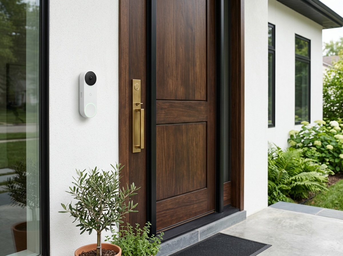 Google Nest Doorbell Battery in snow white mounted beside front door