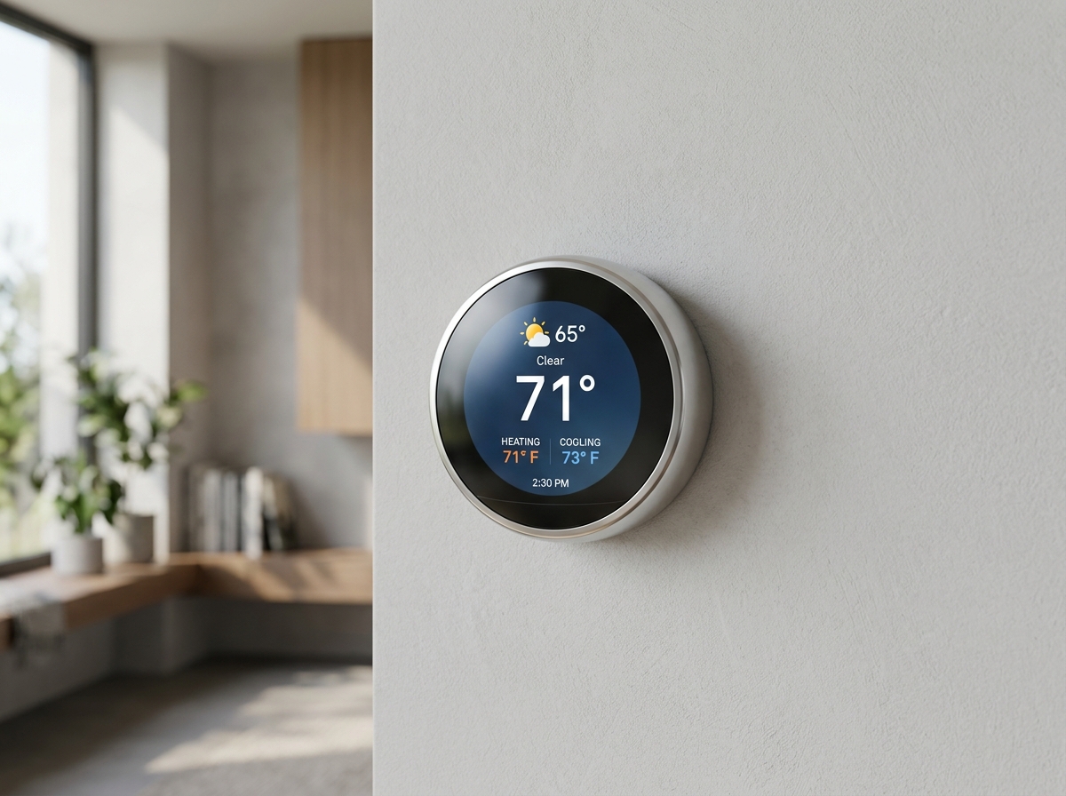 Google Nest Learning Thermostat 4th Gen mounted on living room wall