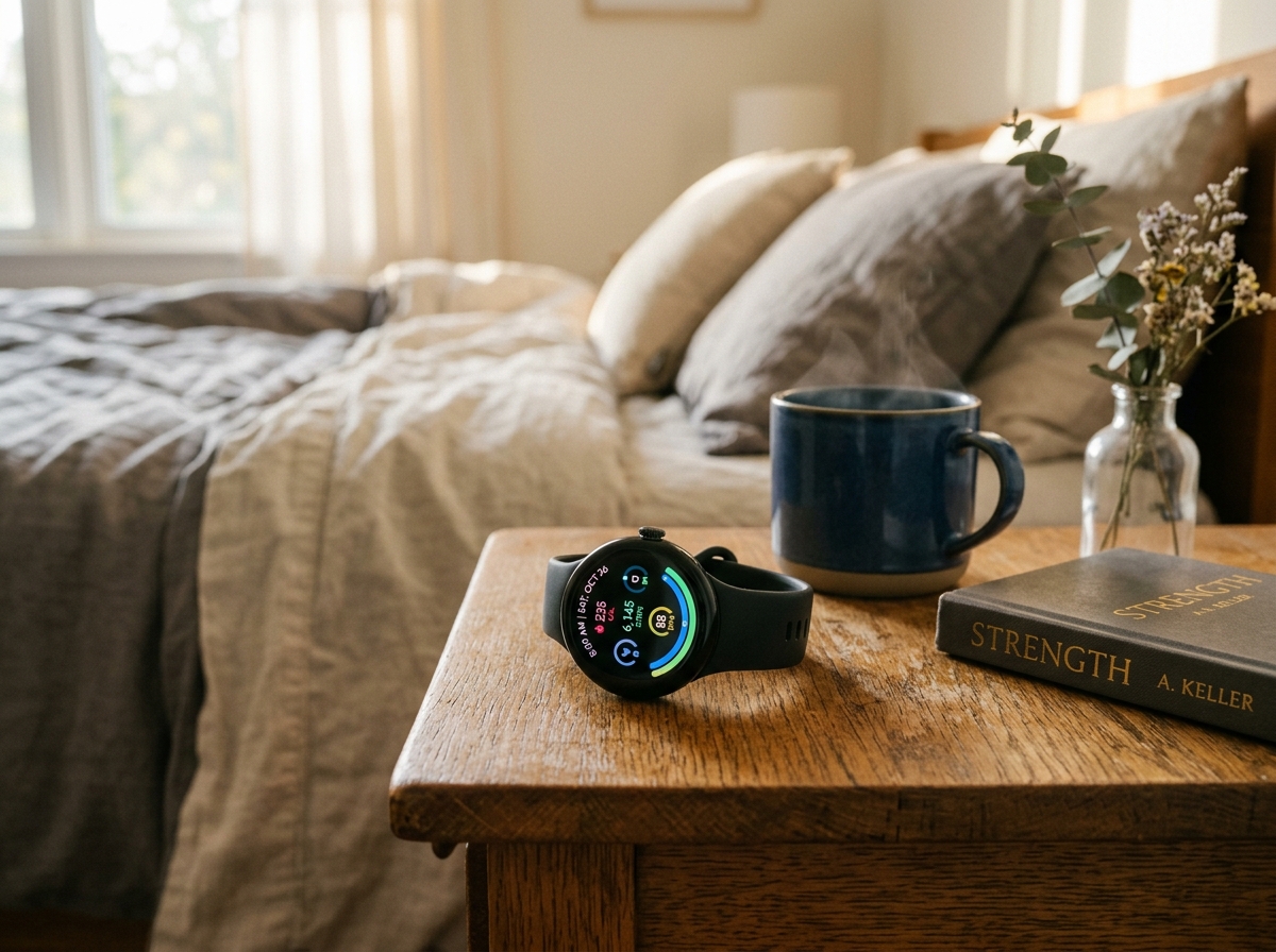 Google Pixel Watch 3 in matte black with obsidian sport band showing fitness metrics on high brightness screen
