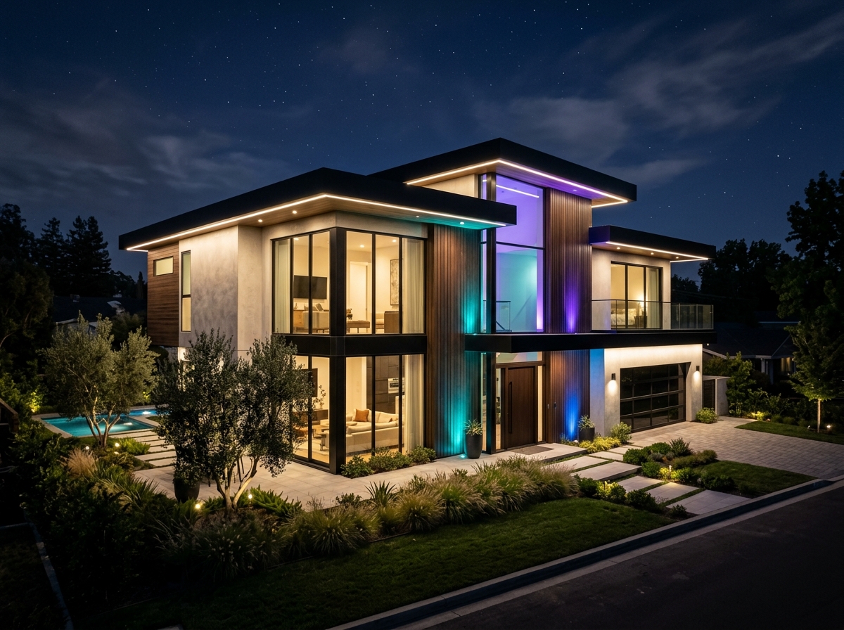 Govee Permanent Outdoor Lights Pro installed along roof eaves on a modern luxury home at night