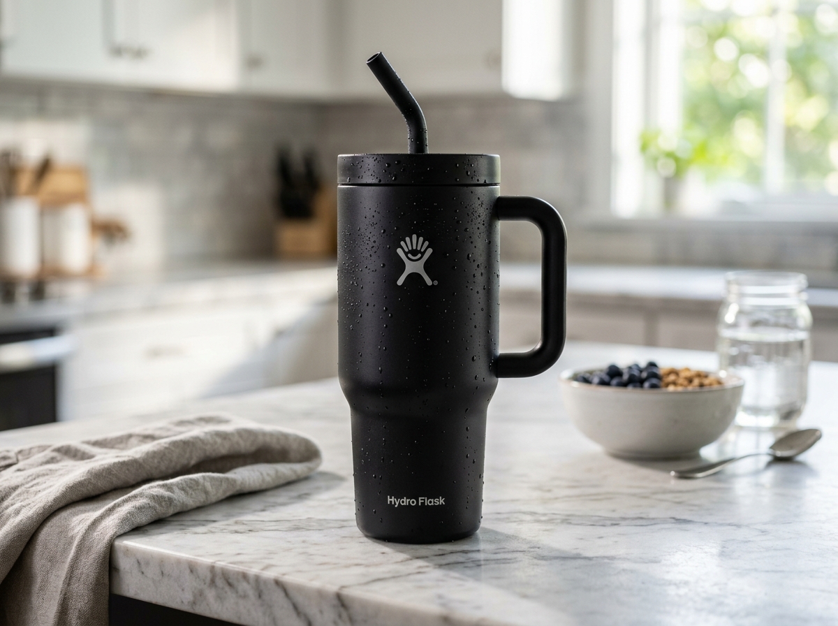 Sleek matte black Hydro Flask 40 oz Travel Tumbler with handle and flexible straw on white marble kitchen counter