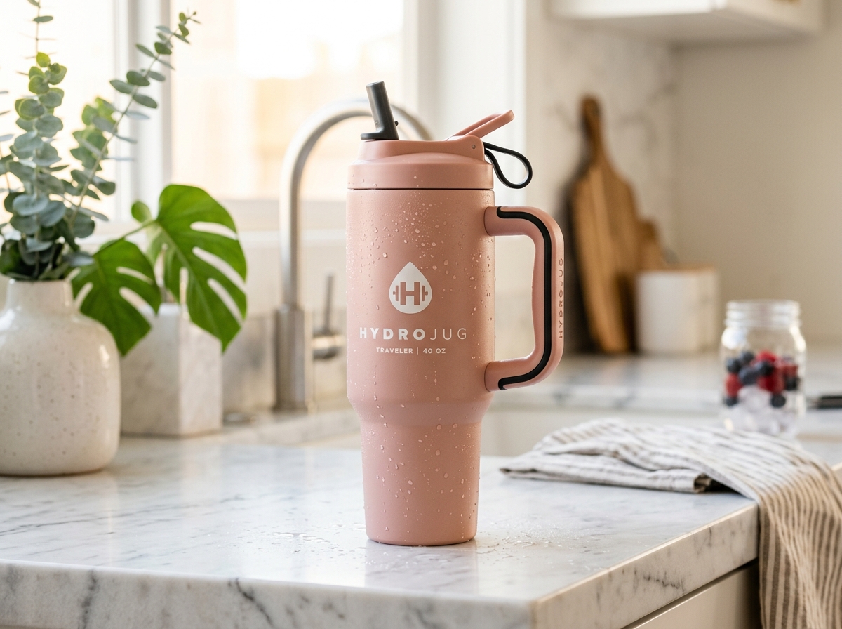HydroJug Traveler 40oz tumbler in Pink Sand on a bright modern marble kitchen counter