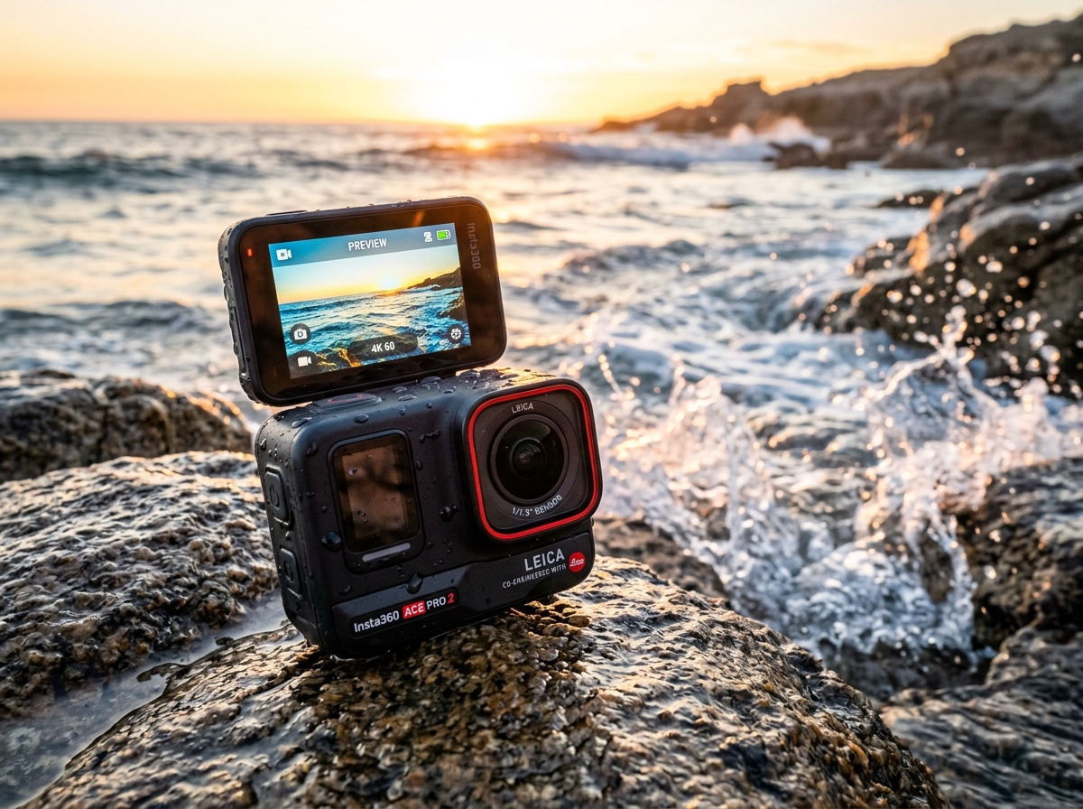 Insta360 Ace Pro 2 waterproof action camera showing flip-up screen and Leica lens ring on wet volcanic rock by the ocean