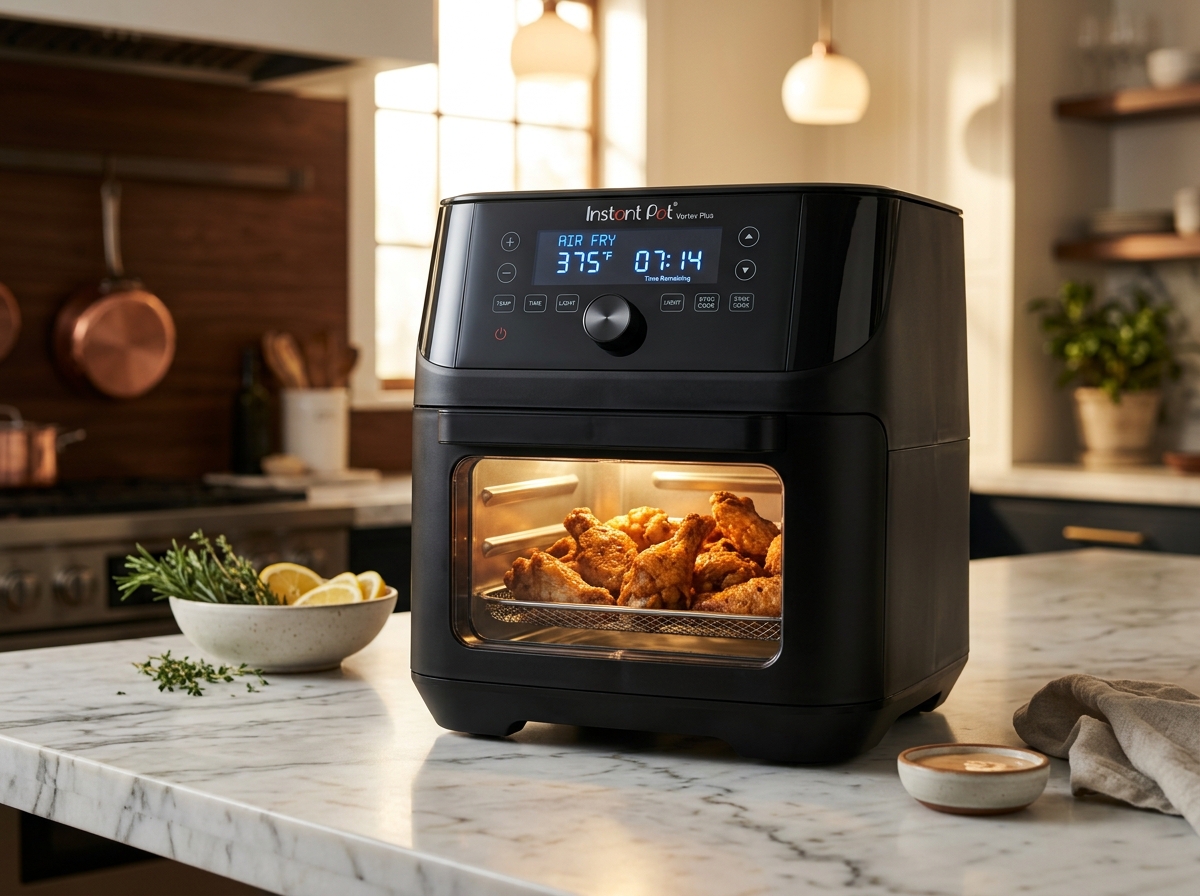 Instant Pot Vortex Plus 6-in-1 ClearCook Air Fryer on marble countertop with golden chicken wings inside illuminated window