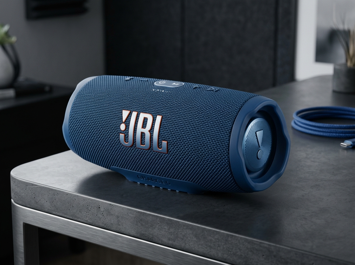 JBL Charge 5 portable waterproof bluetooth speaker in deep blue with dual passive bass radiators