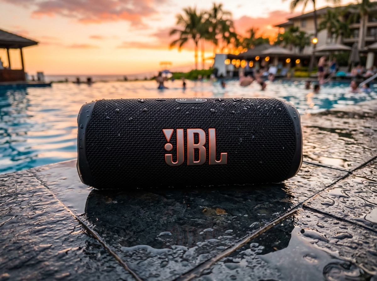 JBL Flip 6 portable waterproof speaker in black on poolside slate tiles