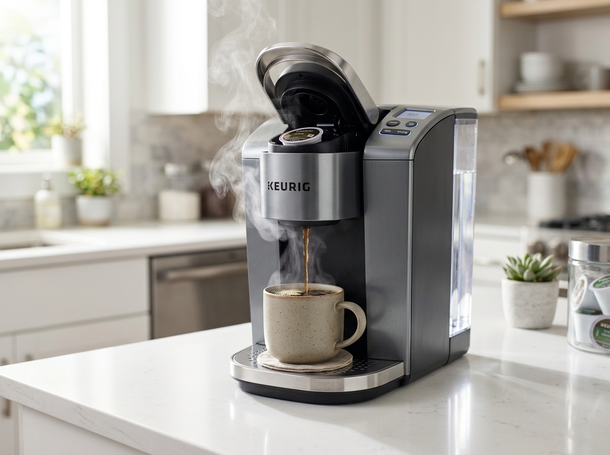 Keurig K-Elite coffee maker in brushed slate finish brewing hot coffee into mug on kitchen counter