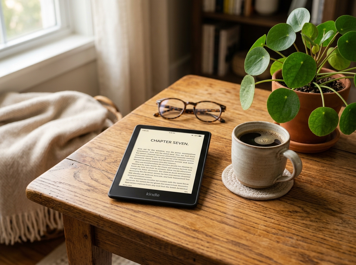 Amazon Kindle Paperwhite 12th generation with 7-inch glare-free display on a wooden coffee table