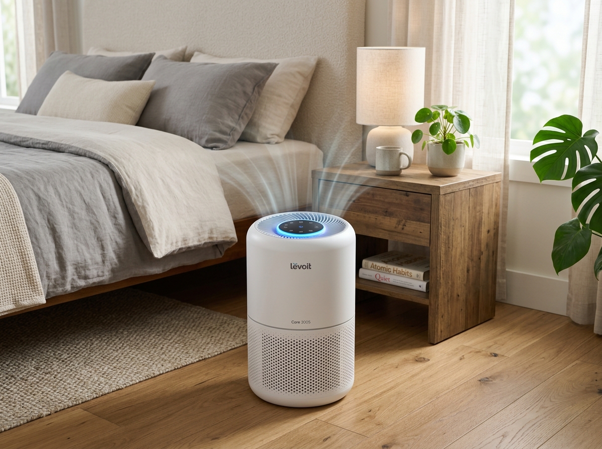 White cylindrical LEVOIT Core 300S smart air purifier operating beside a bedroom nightstand