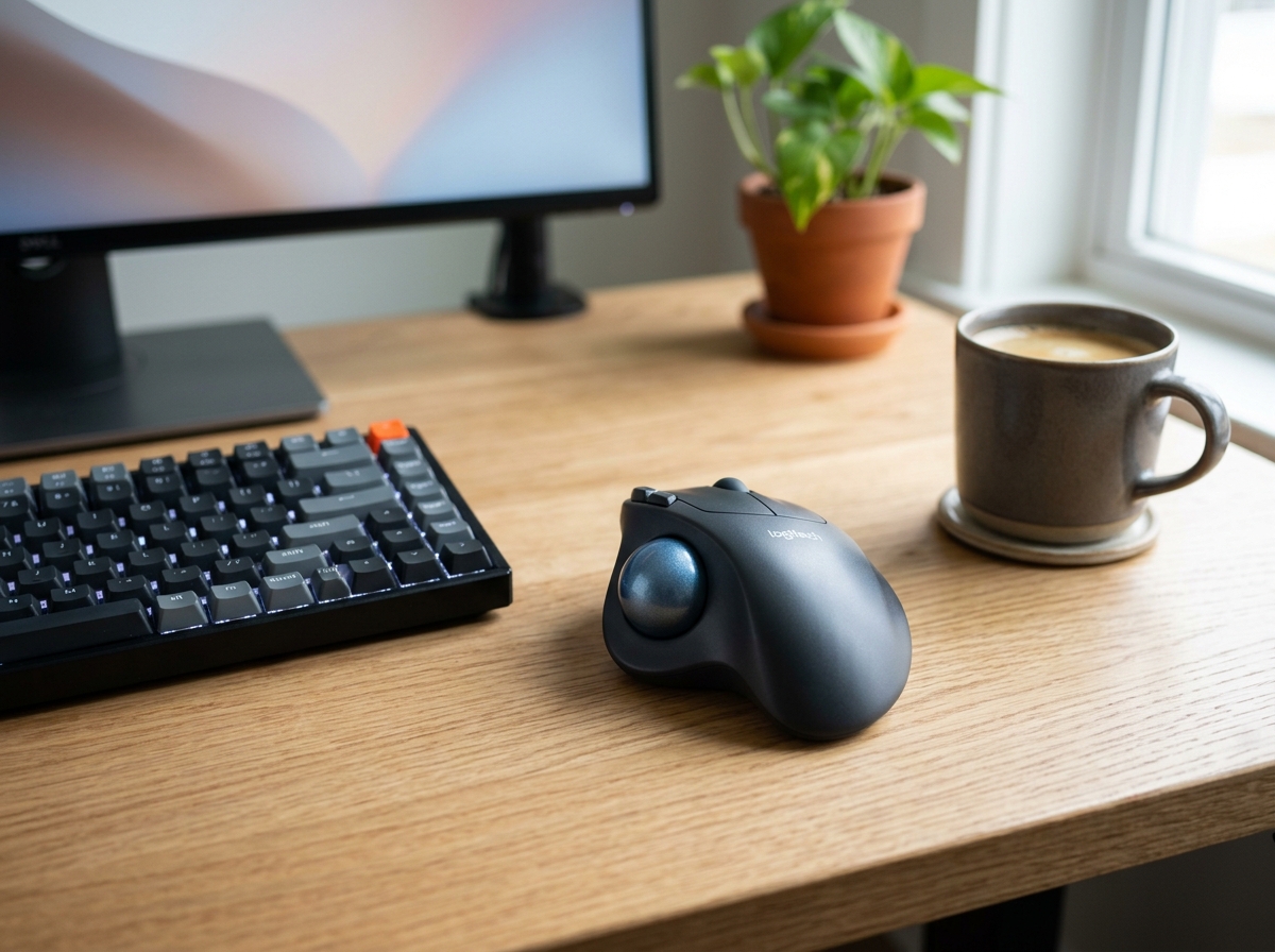 Logitech ERGO M575S wireless trackball mouse on a wooden workspace desk